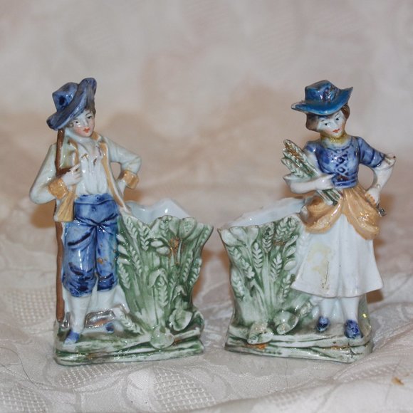 Vintage Pair German? Toothpick holders Small Vases Man & Woman Ceramic Porcelain - Picture 1 of 4